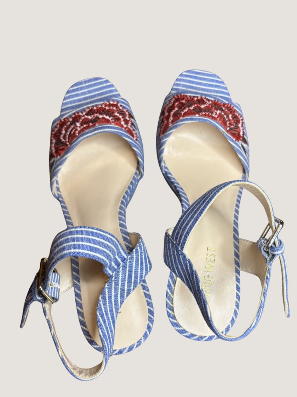 Nine West Fontayah Blue White Pinstripe Platform Heels Embroidered Sandals Size - Picture 6 of 6